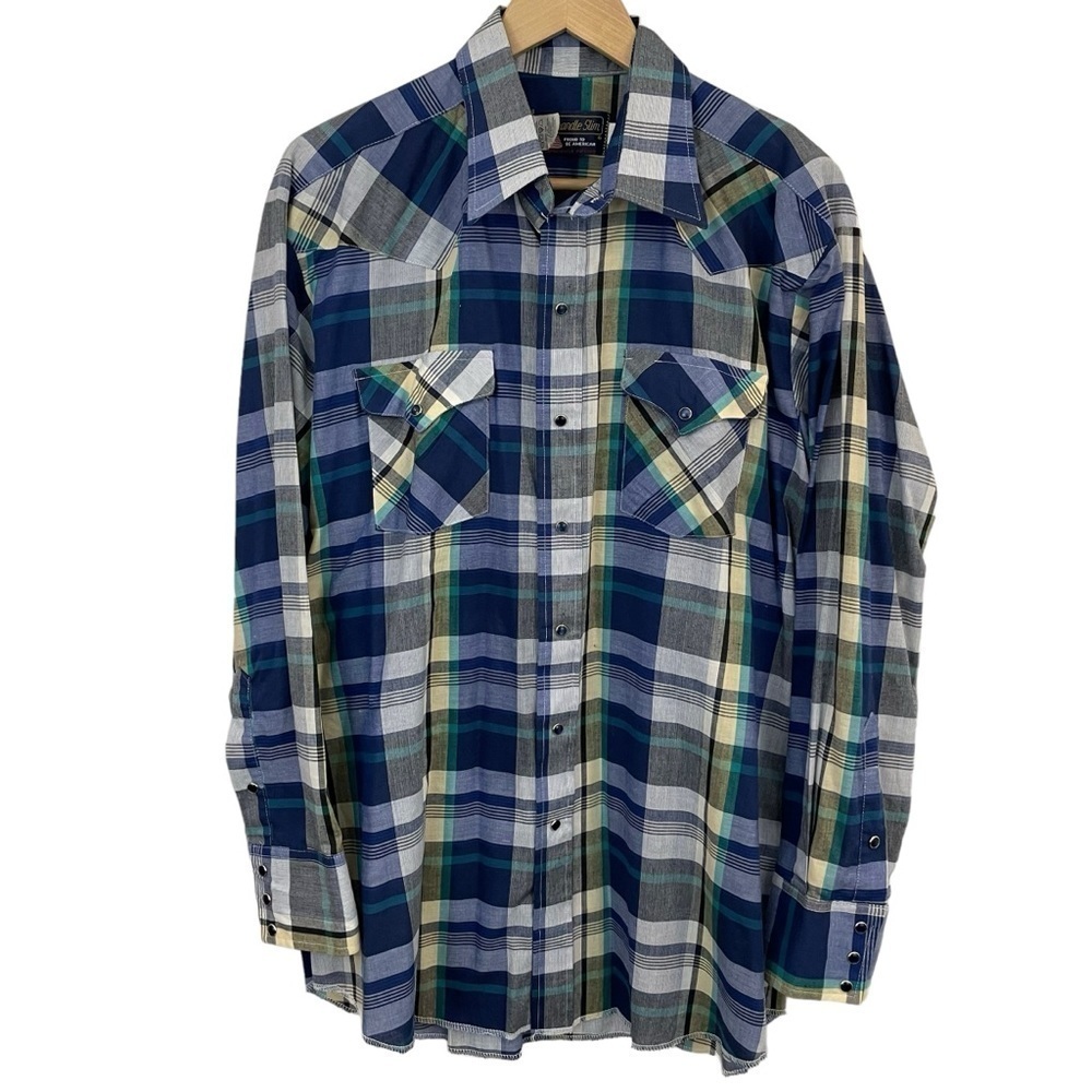 Vintage Panhandle Slim Plaid Shirt Mens 17-34 Large Snap Front Western Rodeo USA